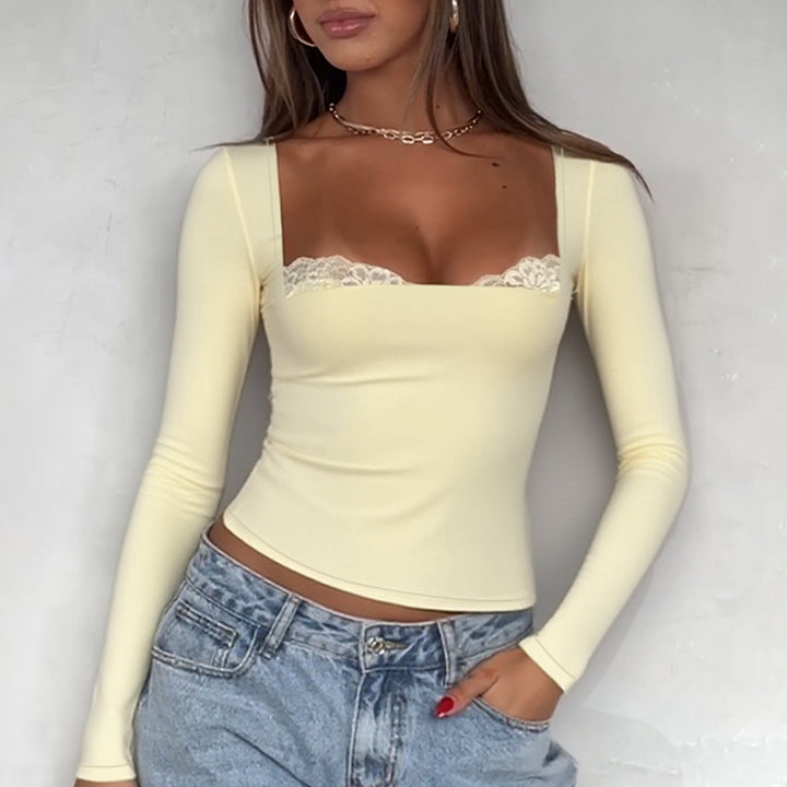 Damen Langarmshirt mit Spitzendekolleté und figurbetonter Passform Drune
