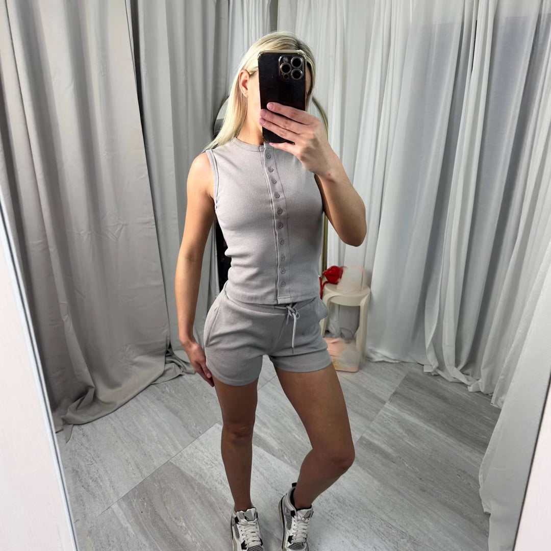 Damen lässiges Kurzoverall-Set mit Knopfverschluss und verstellbarem Taillenzug