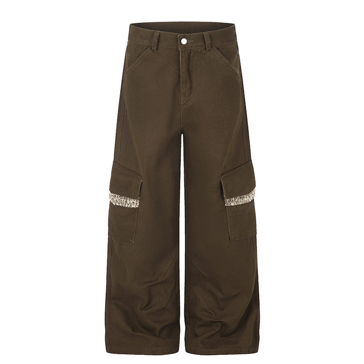 Damen Weite Cargo-Hose mit hoher Taille, großen Klappentaschen und Fellbesatz Drune
