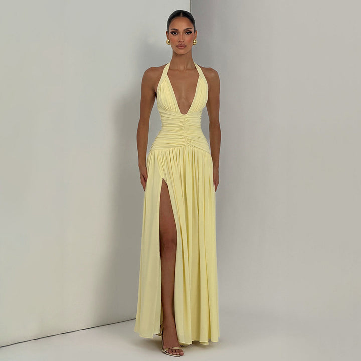 Damen Maxikleid mit tiefem V-Ausschnitt und figurbetonter Raffung Drune