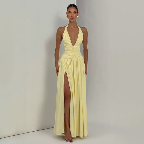 Damen Maxikleid mit tiefem V-Ausschnitt und figurbetonter Raffung Drune