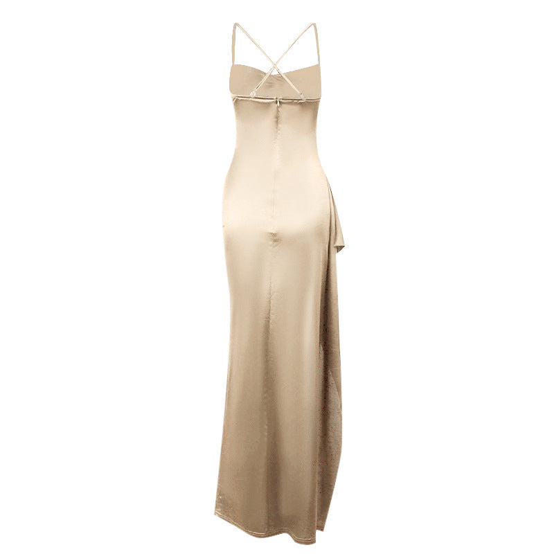 Damen elegantes Satin-Kleid mit tiefem Schlitz und verstellbaren Spaghetti-Trägern Drune
