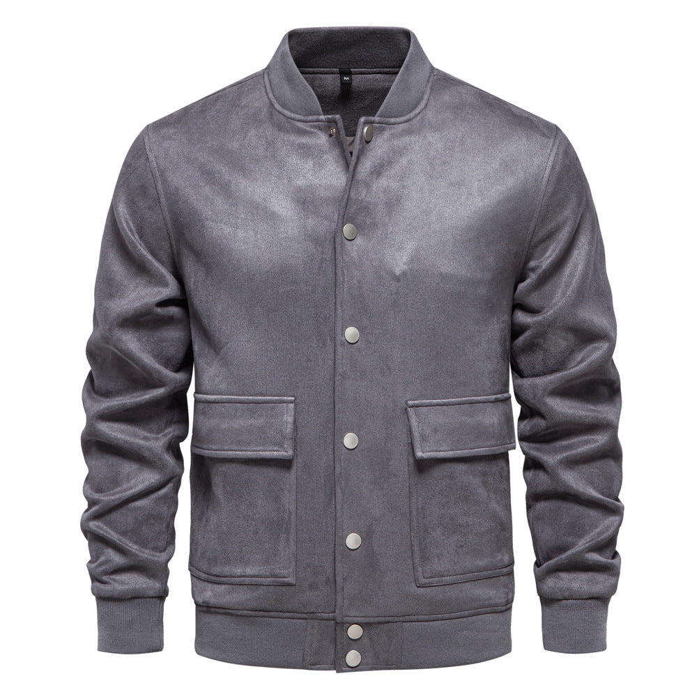 Herren nan Wildlederoptik-Collegejacke mit Druckknopfverschluss, Pattentaschen und geripptem Saum Drune