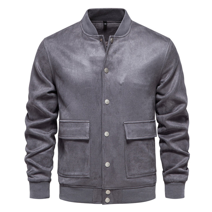Herren nan Wildlederoptik-Collegejacke mit Druckknopfverschluss, Pattentaschen und geripptem Saum Drune