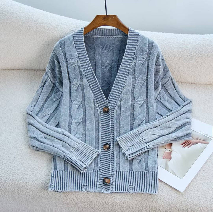 Damen lässiger Strickcardigan mit Zopfmuster und umgeschlagenen Ärmeln Drune