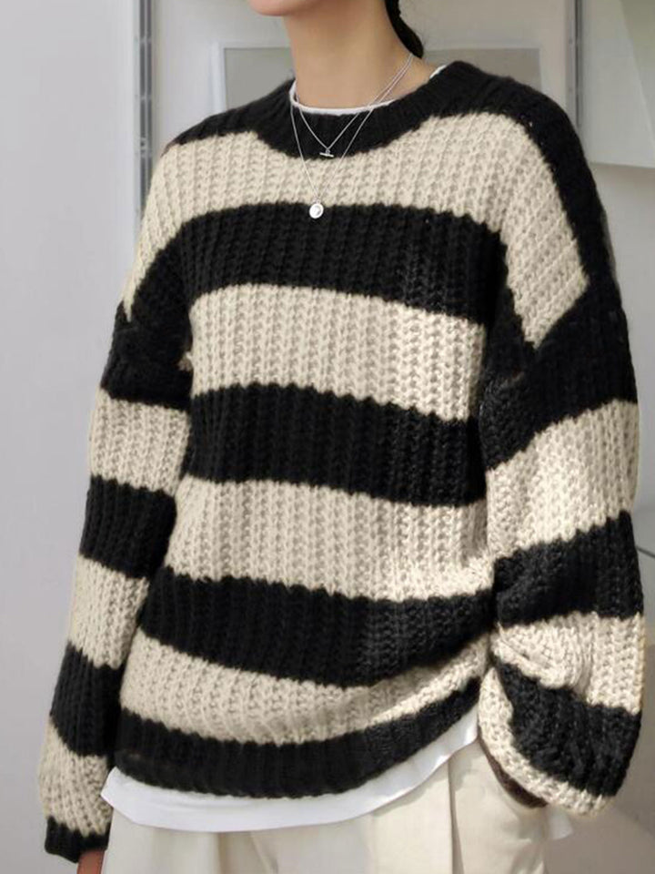 Damen modischer Strickpullover mit breiten Streifen und lockerer Passform Drune