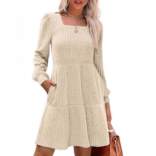 Damen Gestricktes A‑Linien‑Minikleid mit quadratischem Ausschnitt, Stufenrock und Eingrifftaschen Drune