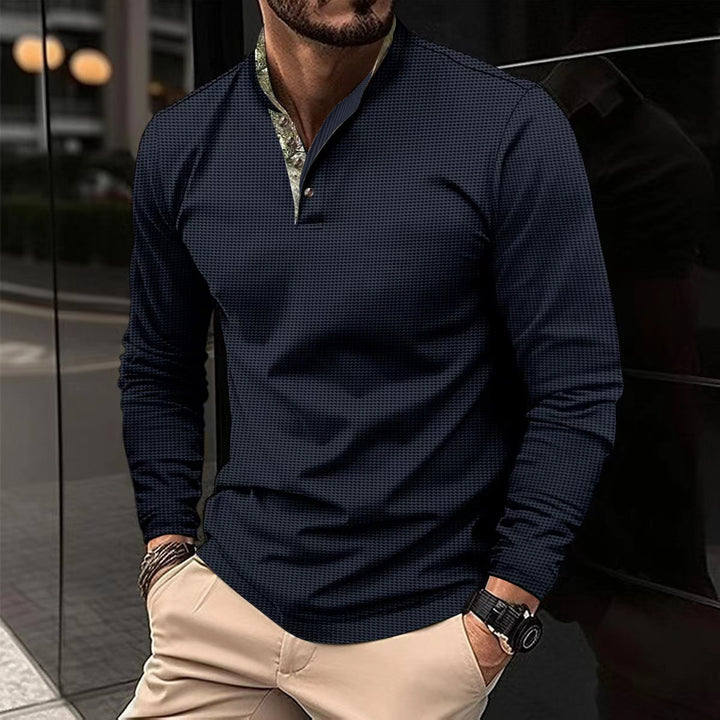 Herren nan langärmliges Henley-Poloshirt mit Stehkragen, feiner Struktur und gemustertem Innenkragen Drune