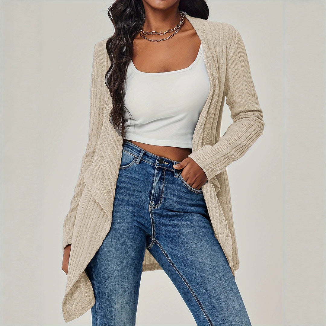 Damen Offener Rippstrick-Cardigan mit Wasserfallkragen Drune