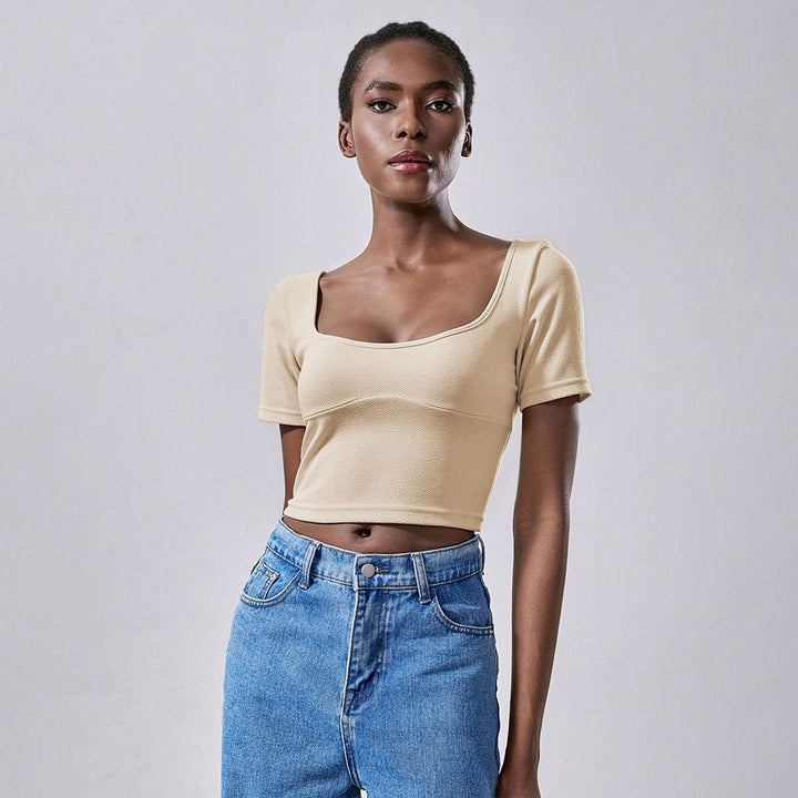 Damen cropped T-Shirt mit elegantem Quadrat-Ausschnitt und kurzen Ärmeln Drune