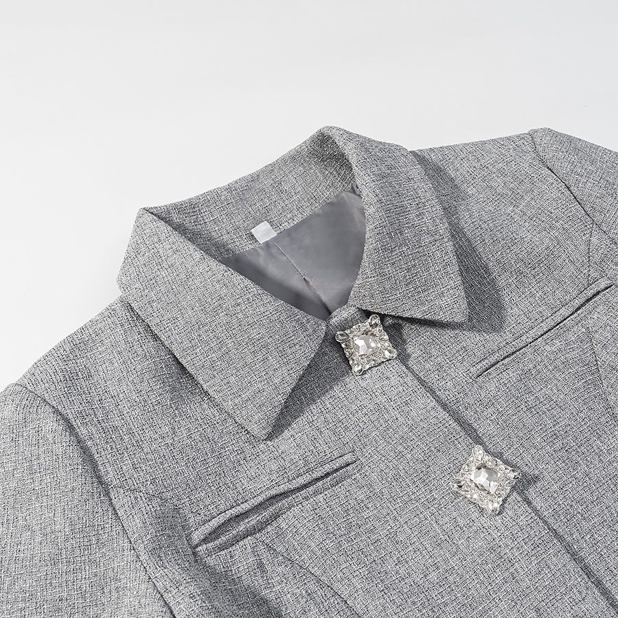Damen Elegantes zweiteiliges Wollmisch-Kostüm mit tailliertem Kurzblazer und ausgestelltem Midirock Drune