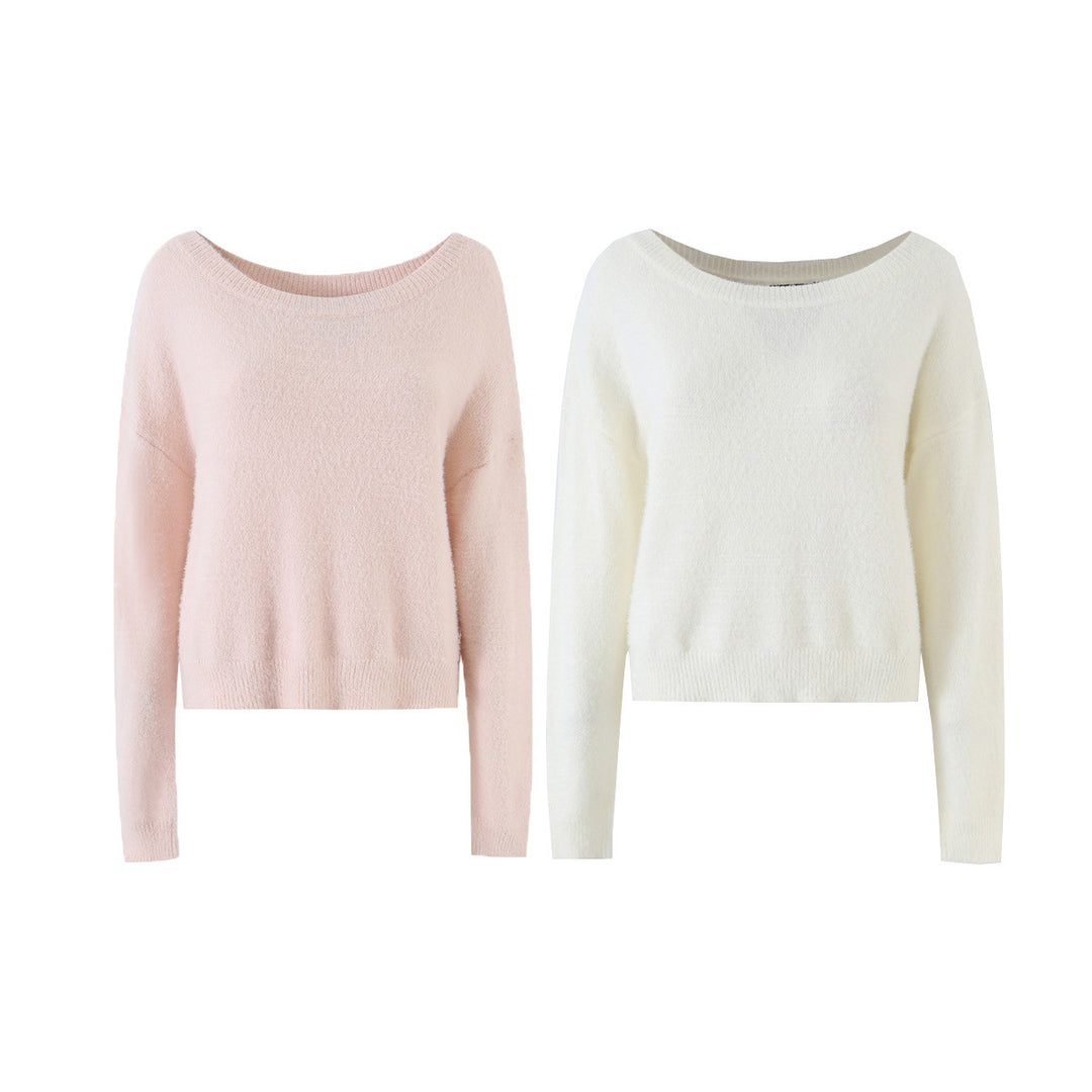 Damen Weicher Cropped-Pullover mit U-Boot-Ausschnitt und Oversize-Schultern Drune