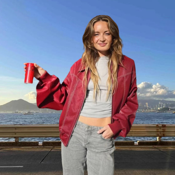 Damen Kunstlederjacke mit praktischen Taschen und elastischem Bund Drune