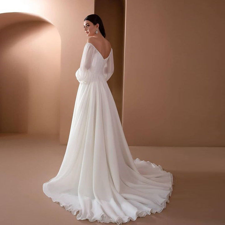 Romantisches Off-Shoulder Langarm Weißes Brautkleid für Hochzeit | Drune