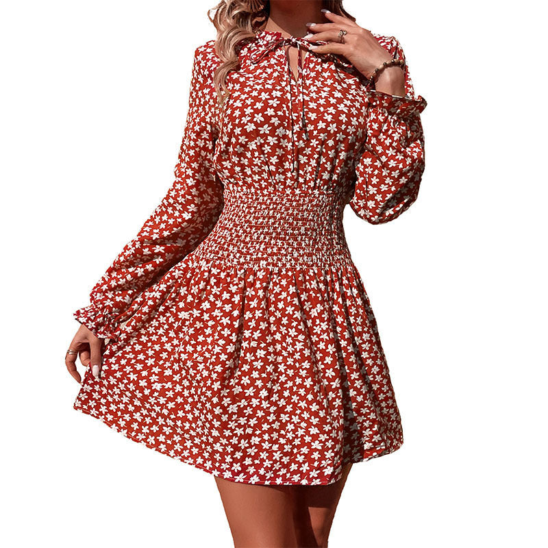 Damen Kurzblusenkleid mit Smok-Taillenpartie, Rüschenkragen und langen Ärmeln Drune