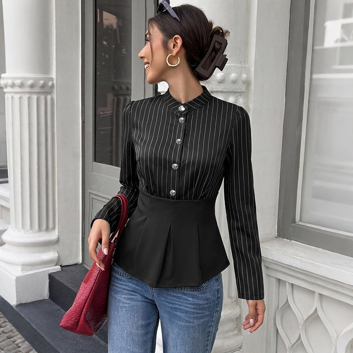 Damen Modische Bluse mit Stehkragen und Plisseedetail Drune