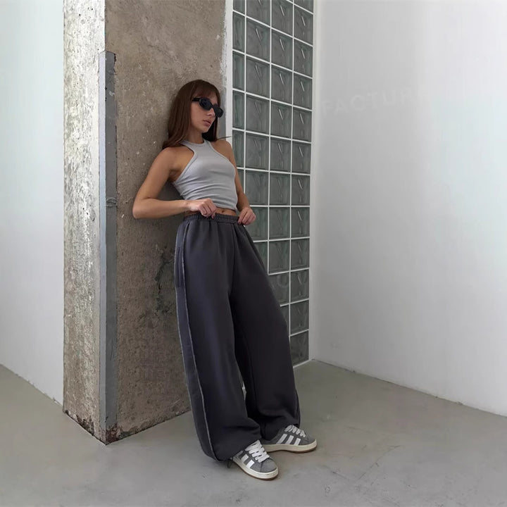 Damen locker sitzende High-Waist Sweatpants mit weitem Bein und elastischem Bund Drune