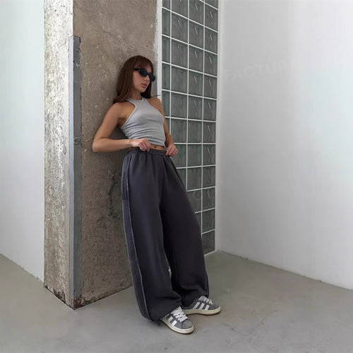 Damen locker sitzende High-Waist Sweatpants mit weitem Bein und elastischem Bund Drune