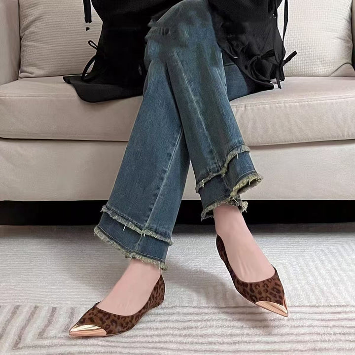 Damen Spitz zulaufende Ballerinas mit Leoprint und metallischer Kappenspitze Drune