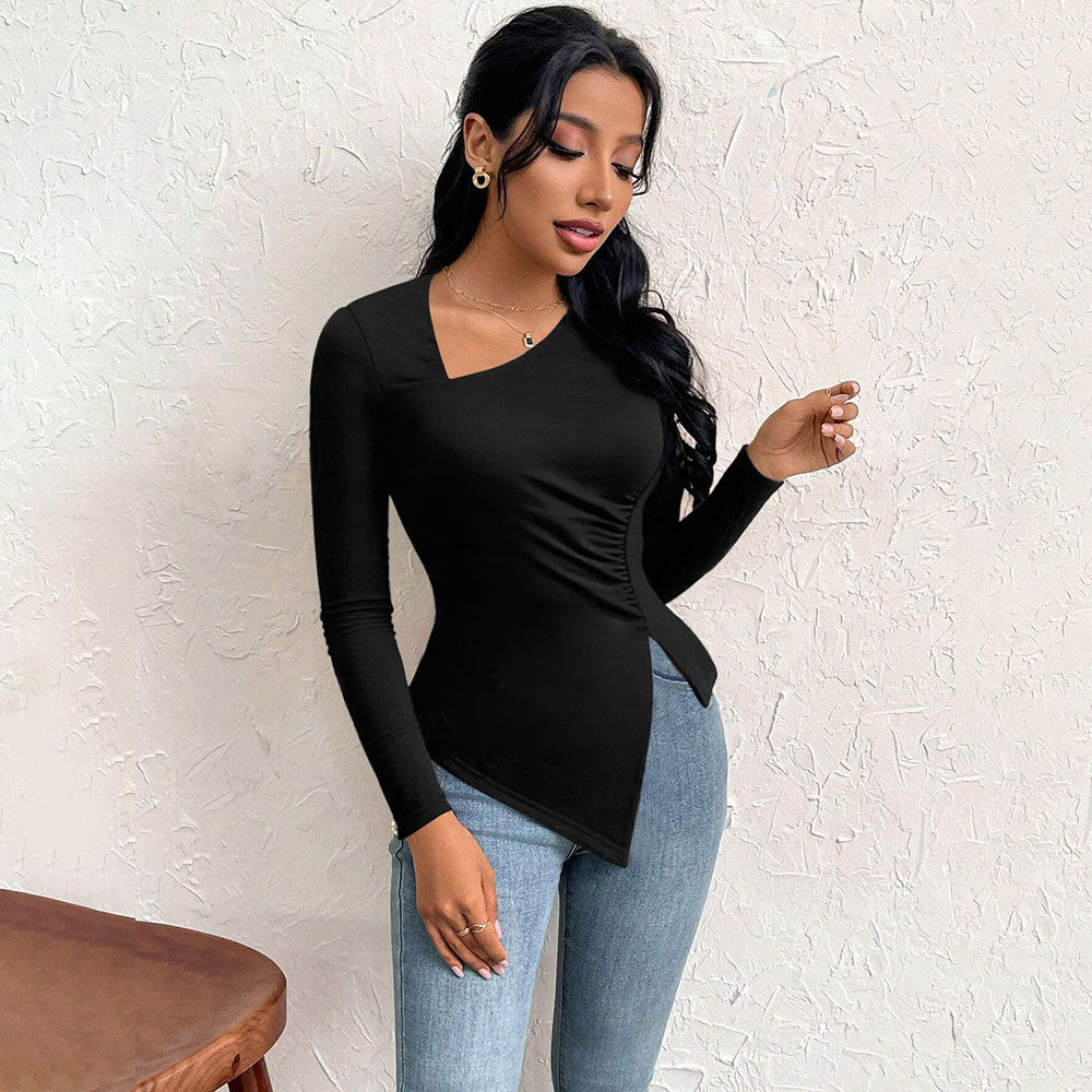 Damen asymmetrisches Langarm-Shirt mit diagonalem Cut-Out, taillierter Seitenraffung und spitz zulaufendem Zipfel-Saum Drune