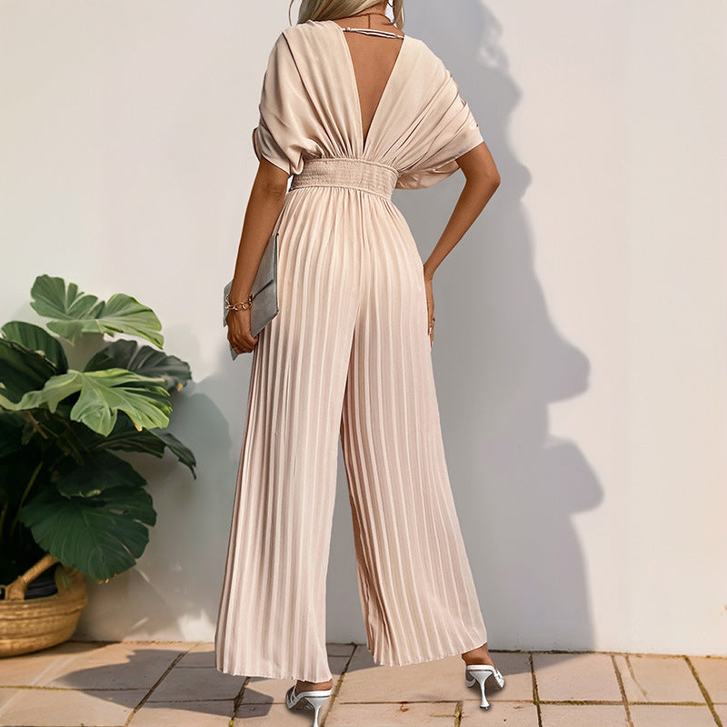Damen Eleganter Jumpsuit mit tiefem V-Ausschnitt und voluminösen Ärmeln Drune