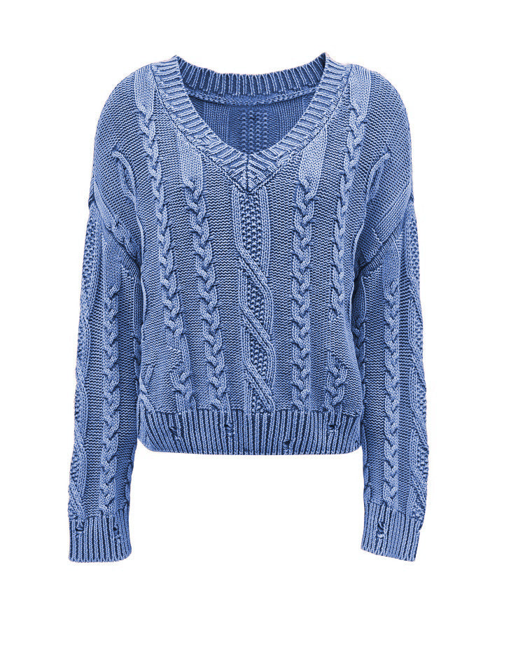 Damen Grobstrickpullover mit tiefem V-Ausschnitt und Zopfmuster Drune