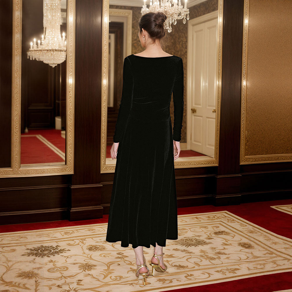 Damen elegantes Maxikleid mit schmeichelndem Cowl-Ausschnitt und langen Ärmeln Drune