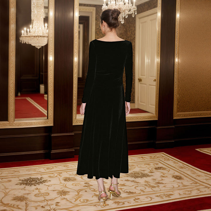 Damen elegantes Maxikleid mit schmeichelndem Cowl-Ausschnitt und langen Ärmeln Drune