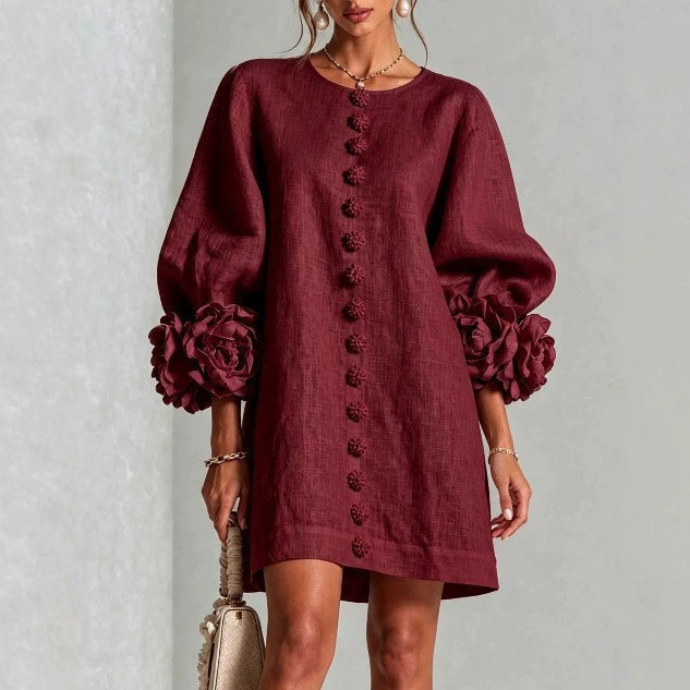 Damen Midikleid mit voluminösen Puffärmeln, 3D-Blütenknopfleiste und Leinenstruktur Drune