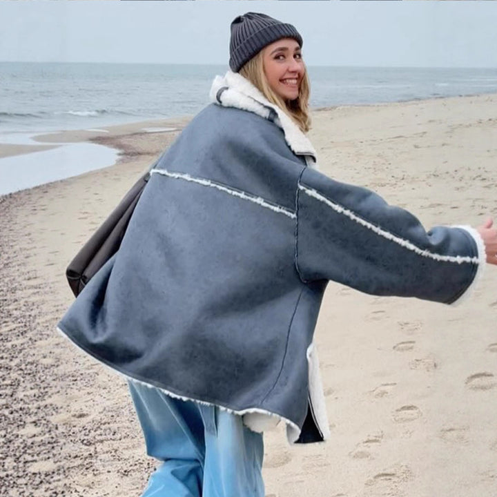 Damen Oversize Pilotjacke im Vintage-Look mit Sherpa‑Futter und Kontrastbesätzen Drune