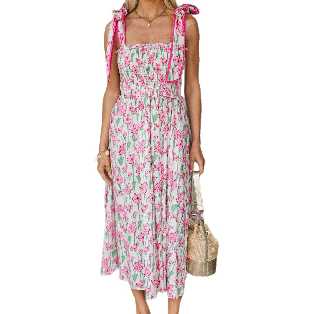 Damen Sommerkleid mit Raffung und schulterlangen Bindebändern Drune