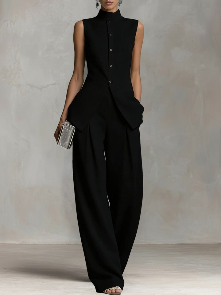 Damen Eleganter Jumpsuit mit hochgeschlossenem Kragen und weitem Bein Drune