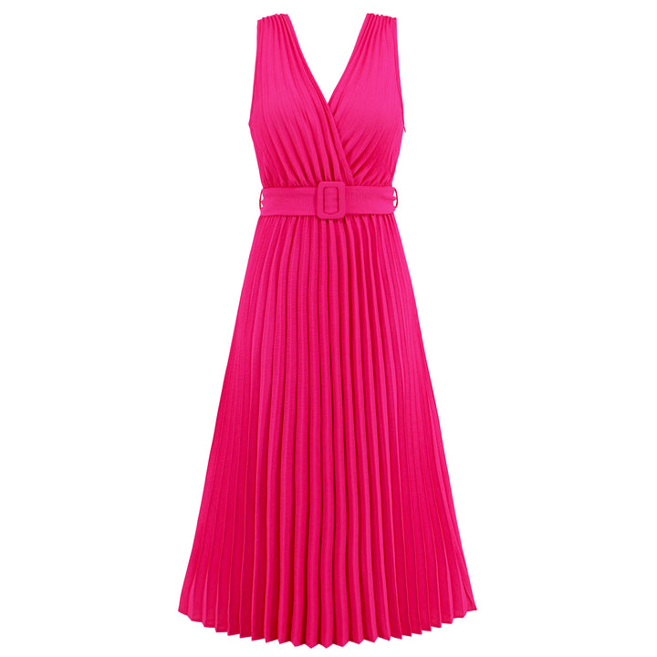 Damen Plissee Maxikleid mit taillierbarem Gürtel und elegantem V-Ausschnitt Drune