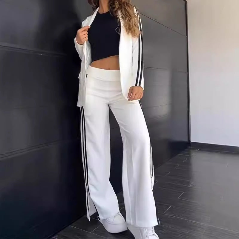Damen nan sportlich-elegantes Zweiteiler-Blazer-Set mit tailliertem Blazer und weitem Jogginghosen‑Schnitt samt Seitenstreifen Drune