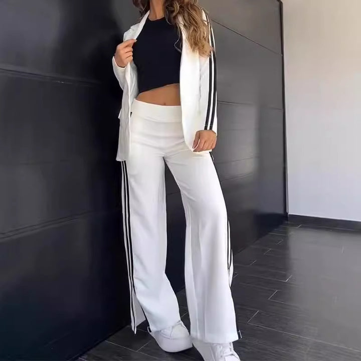 Damen nan sportlich-elegantes Zweiteiler-Blazer-Set mit tailliertem Blazer und weitem Jogginghosen‑Schnitt samt Seitenstreifen Drune