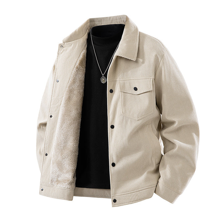Männliche -Cord-Jacke mit Kunstschafsleder-Futter und Druckknopfverschluss Drune