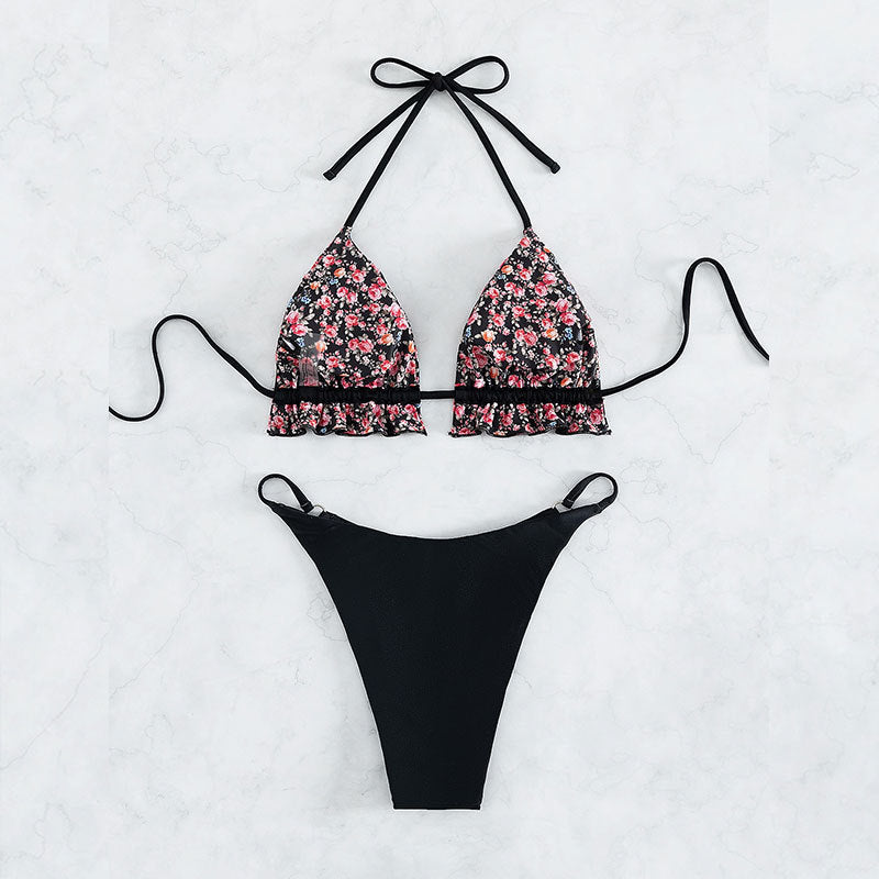 Damen Triangel-Bikini-Set mit floralem Muster und Rüschen Drune