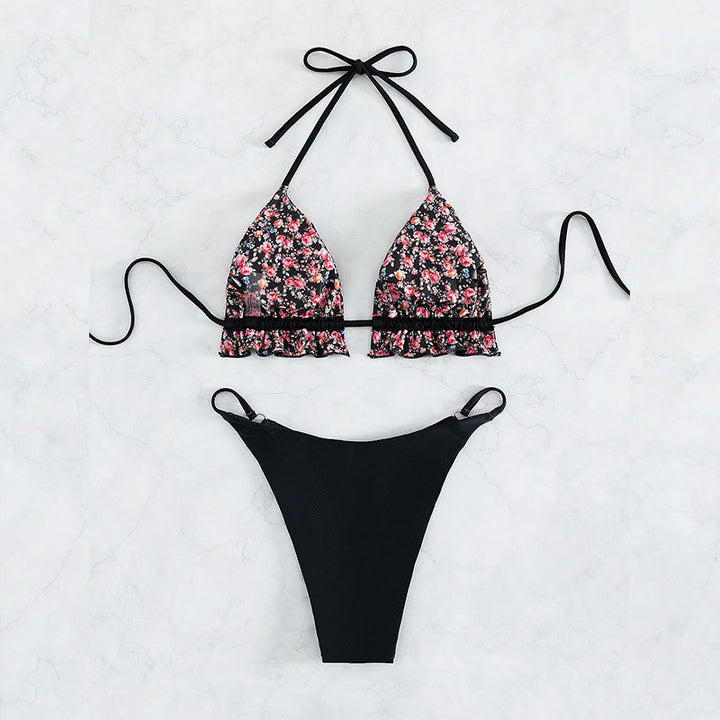 Damen Triangel-Bikini-Set mit floralem Muster und Rüschen Drune