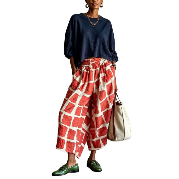 Damen Gemusterte Culotte-Palazzohose mit weitem Bein, elastischem Bund und Eingrifftaschen Drune