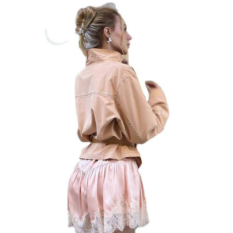 Damen Satin-Spitzen-Minirock mit luxuriösem Glanz und zarter Spitzenborte Drune