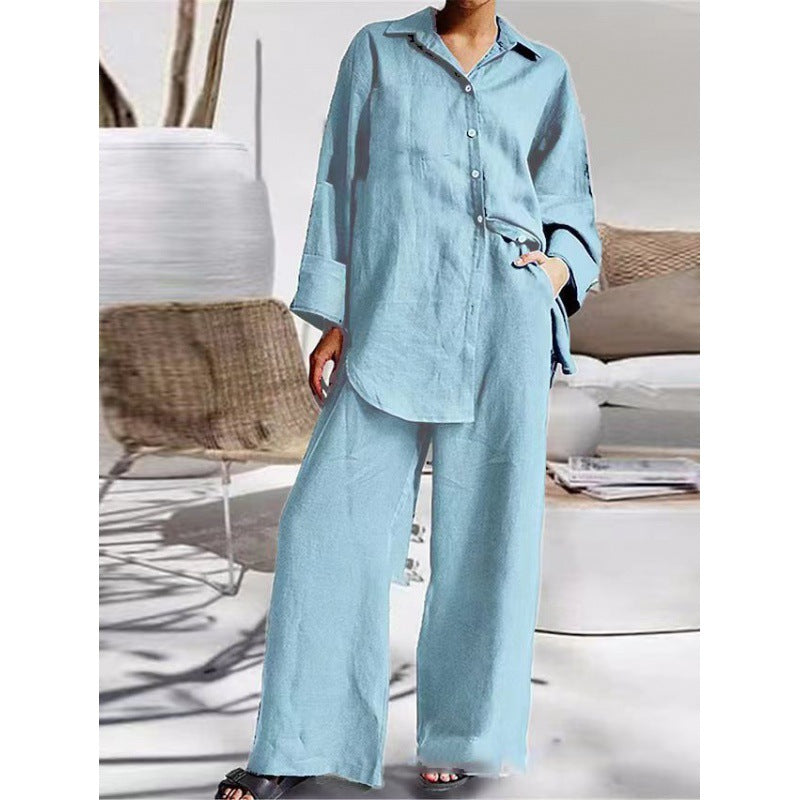 Damen Leinen-Lounge-Set mit weitem Hemd und Palazzo-Hose Drune
