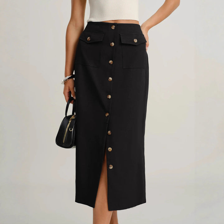 Damen Eleganter Midirock mit Knopfleiste und Taschen Drune