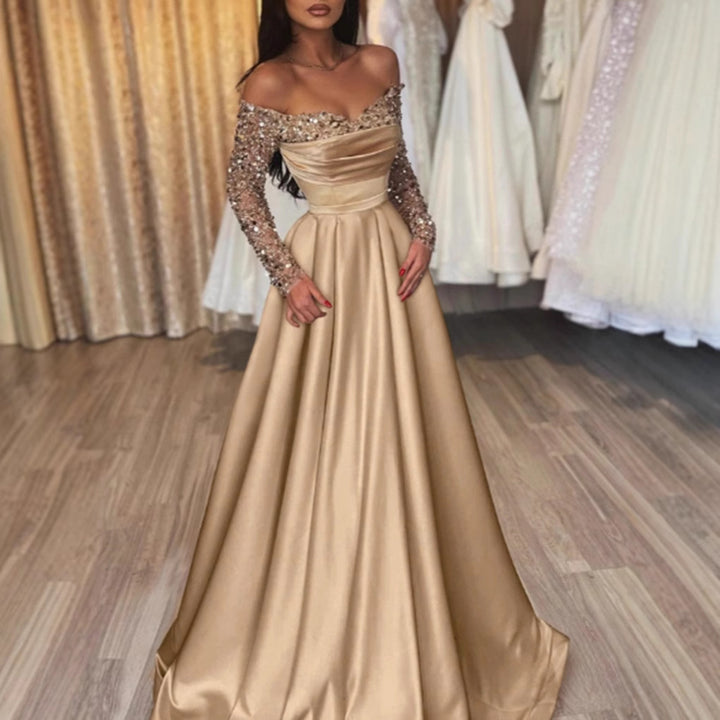Damen Elegantes Ballkleid mit schimmerndem Oberteil und langen, bestickten Ärmeln Drune