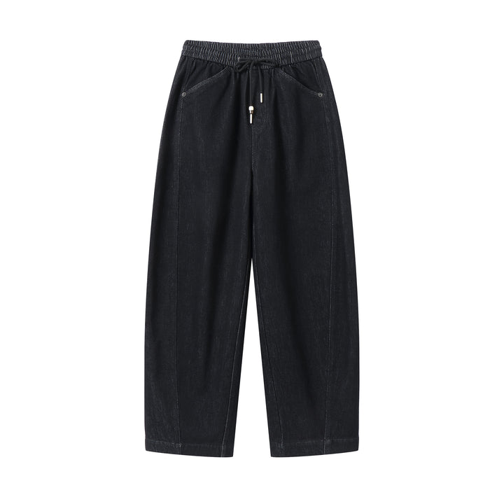 Damen weite Cropped-Denimhose mit elastischem Bund, Tunnelzug und Eingrifftaschen Drune