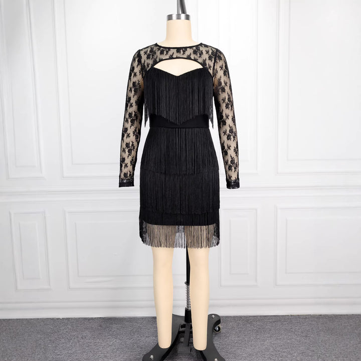 Damen Figurnahes Kleid mit fransigen Details und transparenten Spitzenärmeln Drune