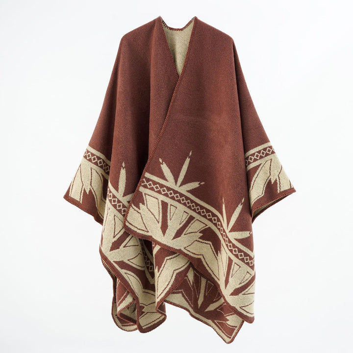 Damen Grobgewebter Umhangponcho aus Wollmix mit V-Ausschnitt und Ornamentjacquard Drune