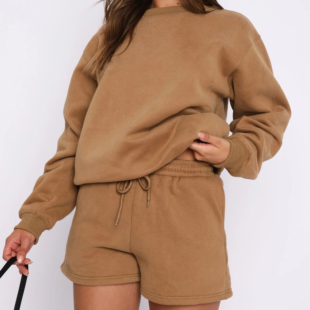 Damen lässiger Fleece-Sweater und Shorts Set Drune