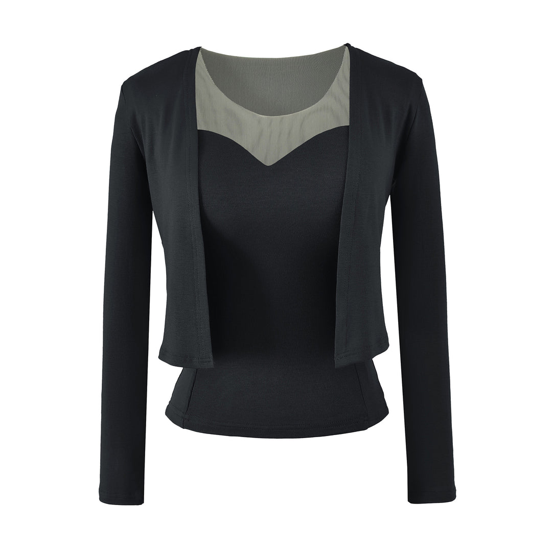 Damen Zweiteiliges Feinstrick-Top-Set mit Mesh-Einsatz und offenem Cardigan Drune