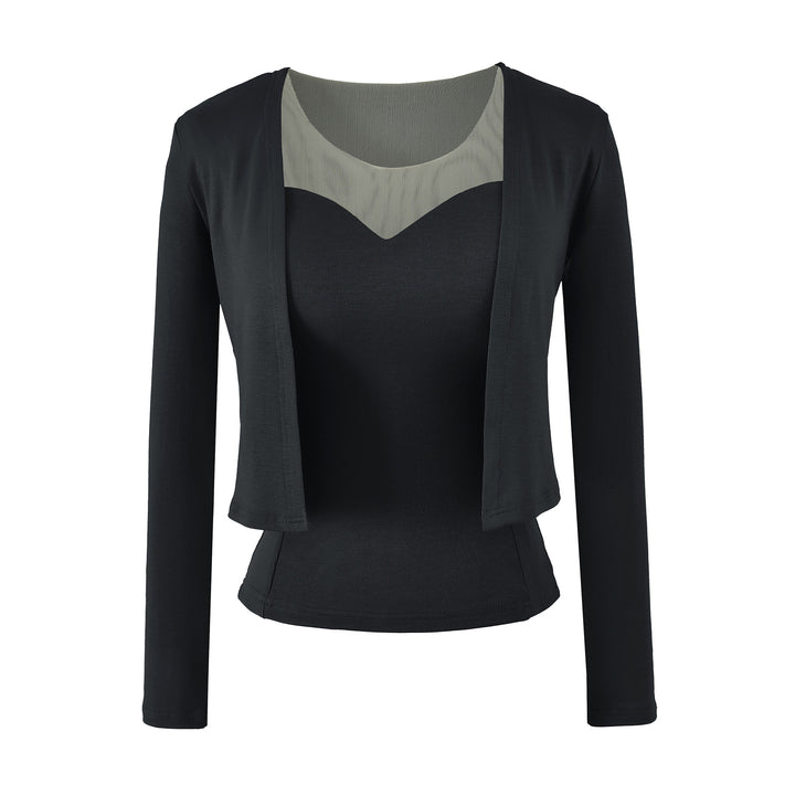 Damen Zweiteiliges Feinstrick-Top-Set mit Mesh-Einsatz und offenem Cardigan Drune