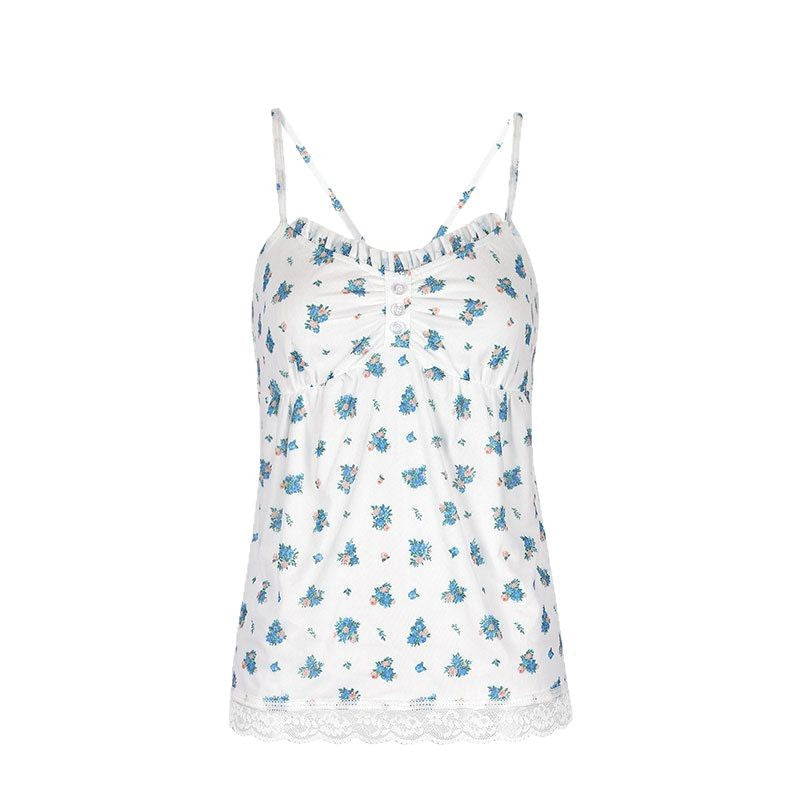 Damen Spaghetti-Träger Bluse mit floralem Muster und Spitzenbesatz Drune